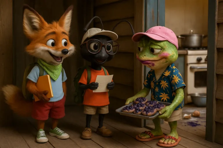 Lis, mrówka i żaba w ciepłej scenie z bajki o relacjach – żaba w hawajskiej koszuli podaje przyjaciołom domowe ciasteczka z jagodami.