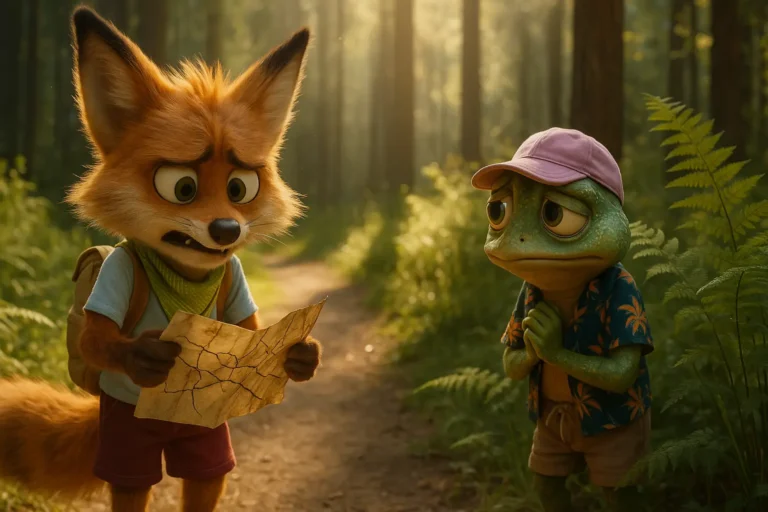 Bajka do czytania o emocjach – Lisek Dobrusek złości się z powodu zniszczonej mapy, a Żabka Fajtłapka patrzy ze smutkiem