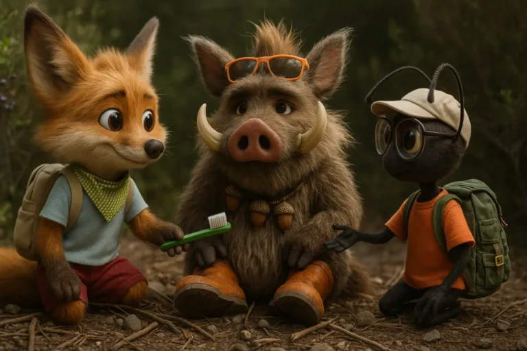 Bajka do czytania o myciu zębów – Lisek Dobrusek z Mrówką odnajdują u Dzika zagubioną szczoteczkę do zębów