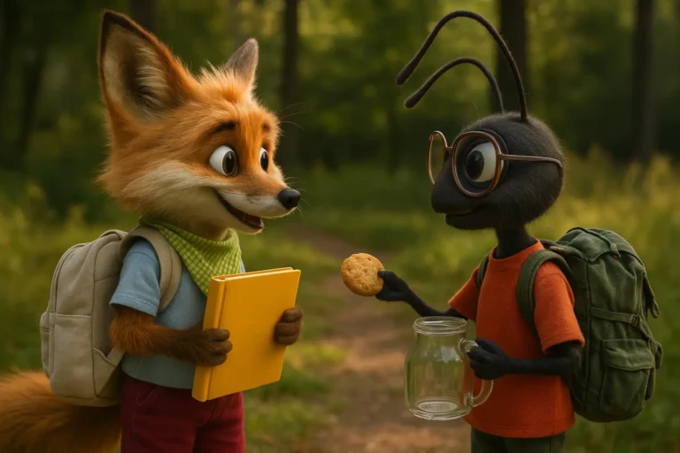 Bajka do czytania o wdzięczności – Lisek Dobrusek dziękuje Mrówce Pomocówce za ciasteczka, trzymając pamiętnik