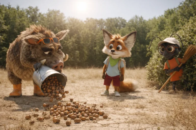 Leśne zwierzęta zbierające żołędzie na polanie, scena z bajki na dobranoc o roślinach