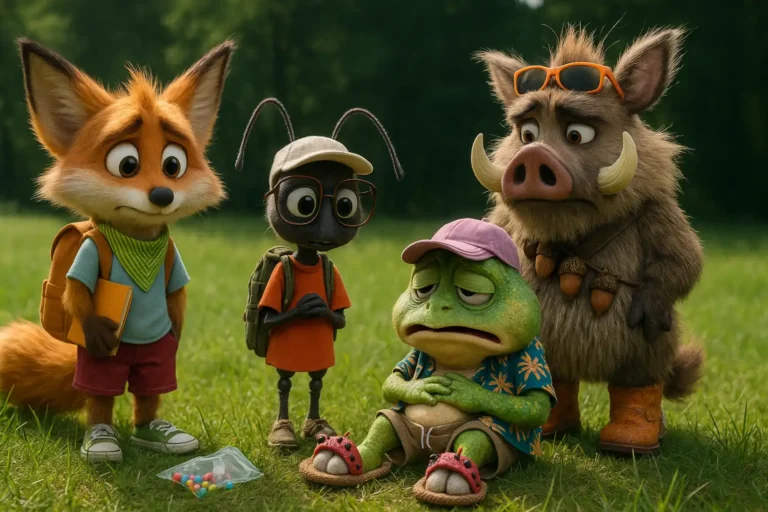 Ilustracja z bajki o jedzeniu cukru, Żabka Fajtłapka z bólem brzuszka siedzi na trawie, otoczona zmartwionymi przyjaciółmi: Liskiem, Mrówką i Dzikiem, obok pusty woreczek po kolorowych kulkach