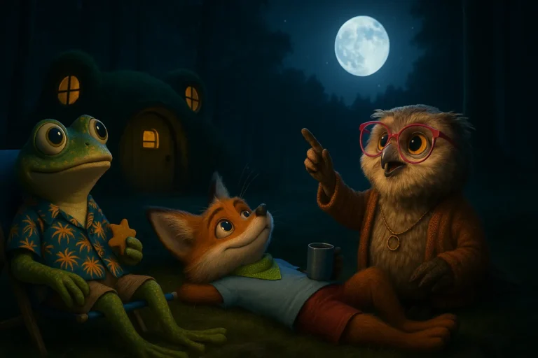 Bajka na dobranoc o kosmosie, w której Sówka opowiada Liskowi i Żabce o Księżycu i świetle odbitym od Słońca