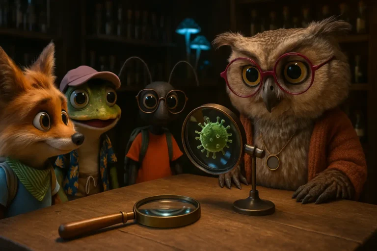 Bajka na dobranoc o myciu rąk – Sówka Wiedzulka pokazuje Liskowi i jego przyjaciołom zarazki pod szkłem powiększającym