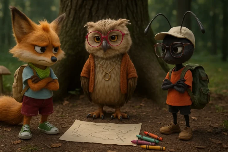 Bajka na dobranoc o relacjach – Lisek i Mrówka spierają się przy mapie, a Sówka spokojnie im towarzyszy pod Dębem Mądrości