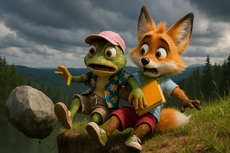 Żaba i lisek przestraszeni spadającym głazem podczas przygody w lesie