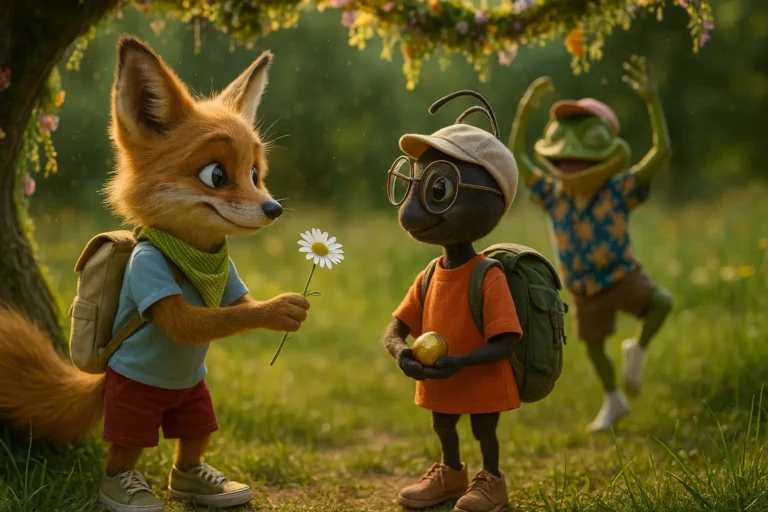 Bajka na dobranoc o zazdrości i przyjaźni jak Lisek Dobrusek wręcza Mrówce Pomocówce kwiat w geście uznania podczas leśnego święta